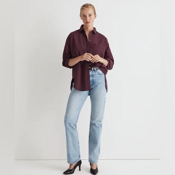 Madewell Poplin Side-Panel Dolman Button-Up Shirt in Stripe in Smoldering Plum - Picture 2 of 11